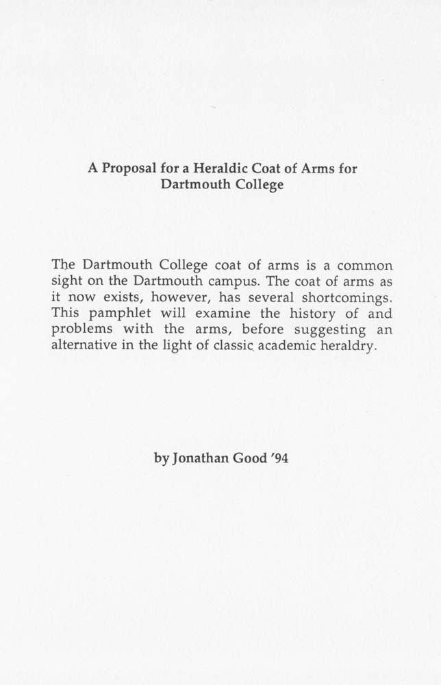 Page of pamphlet by Jonathan Good, A Proposal for a Heraldic Coat of Arms for Dartmouth College (1995)