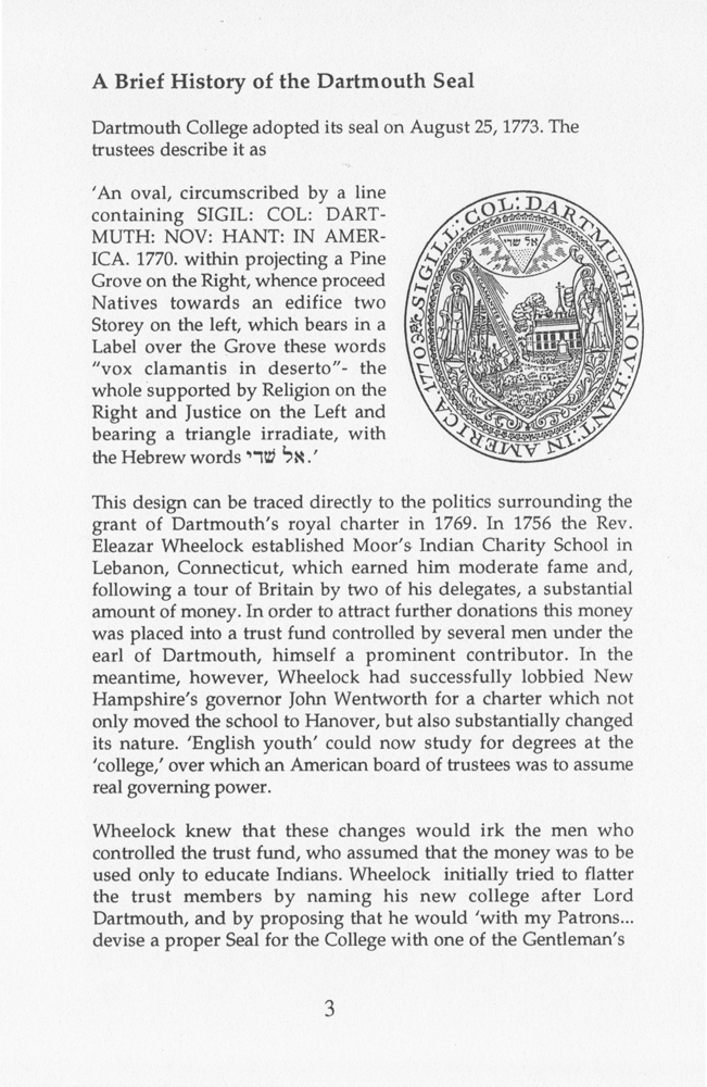 Page of pamphlet by Jonathan Good, A Proposal for a Heraldic Coat of Arms for Dartmouth College (1995)