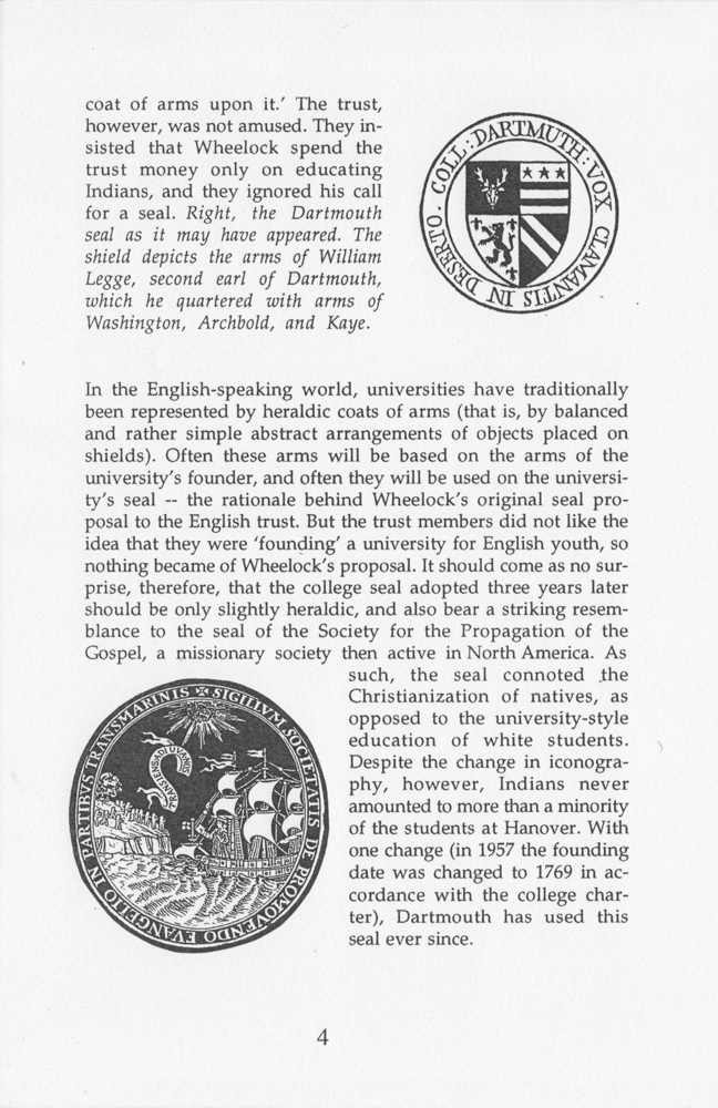 Page of pamphlet by Jonathan Good, A Proposal for a Heraldic Coat of Arms for Dartmouth College (1995)