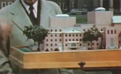 photo of model of proposed Hopkins Center at Dartmouth from 1947 film