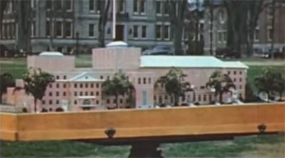 photo of model of proposed Hopkins Center at Dartmouth from 1947 film