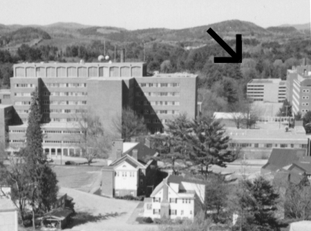 Ca. 1995 view north from Baker Tower showing Dewey Field parking garage, Meacham photo